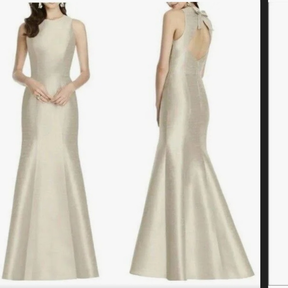 Alfred Sung D734 Bridesmaid Formal Dress Champange Dupioni Bow Open Back Sz 10 - Picture 2 of 7